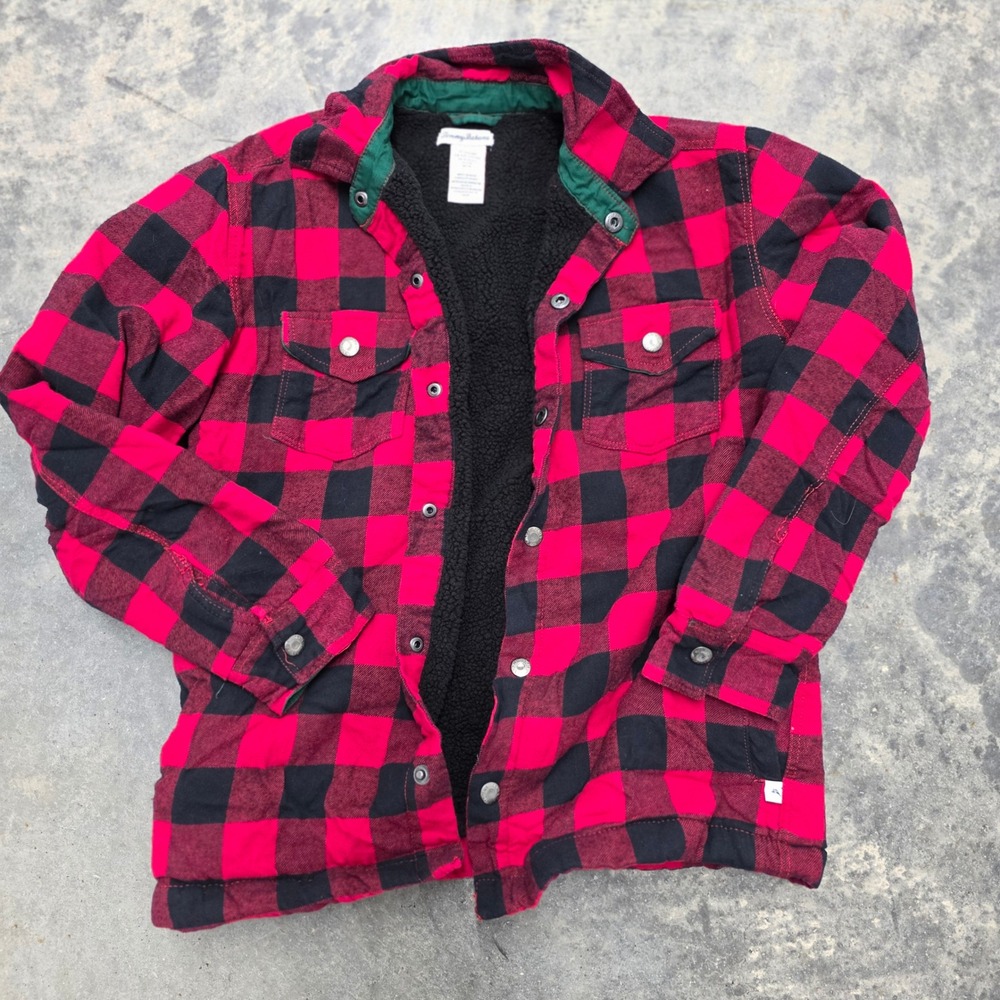 Tommy Bahama Kids Red Black Plaid Sherpa Lined Flannel Shirt‎ Jacket XXL